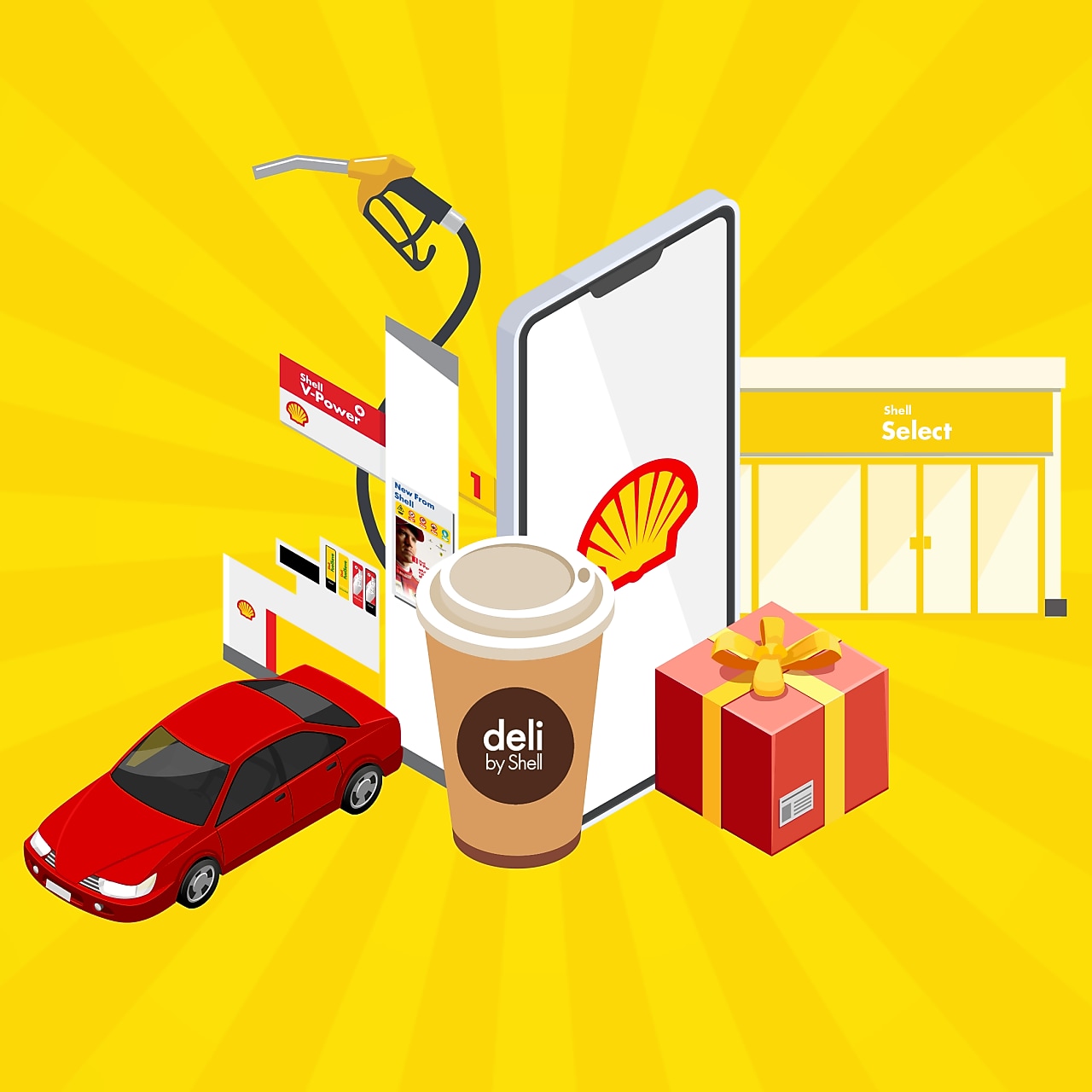 Holding a phone, screen showing Shell app